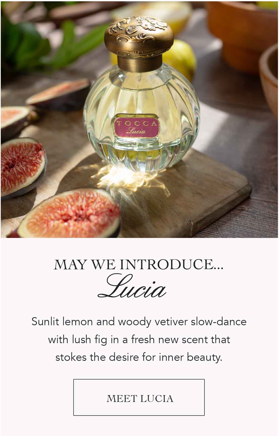 May we introduce Lucia. Sunlit lemon and wood vetiver slow-dance with lush fig in a fresh new scent that stokes the desire for inner beauty. MEET LUCIA